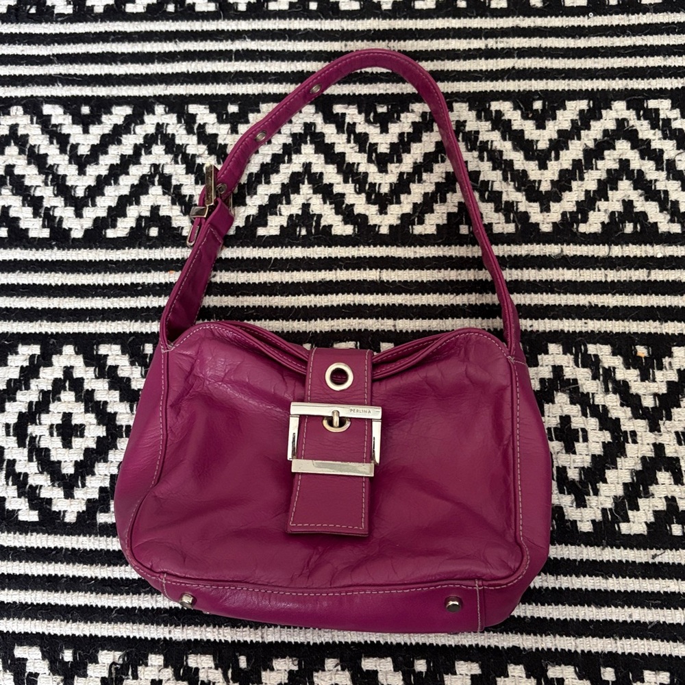 Perlina magenta leather mini bag with polished nickel hardware